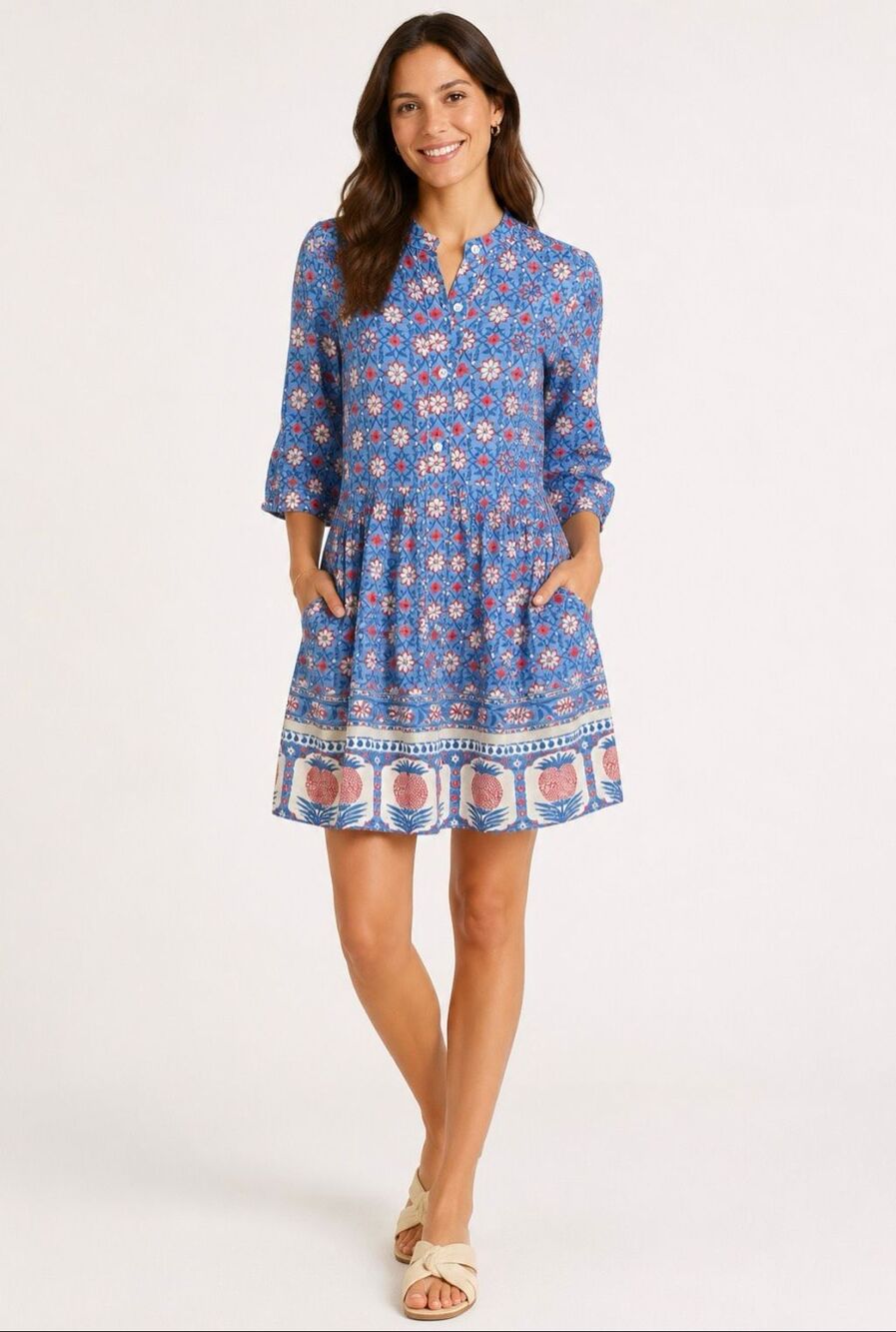 Tuckernuck Blue Pink Floral Block Print Cotton Mini Dress Boho Preppy XS